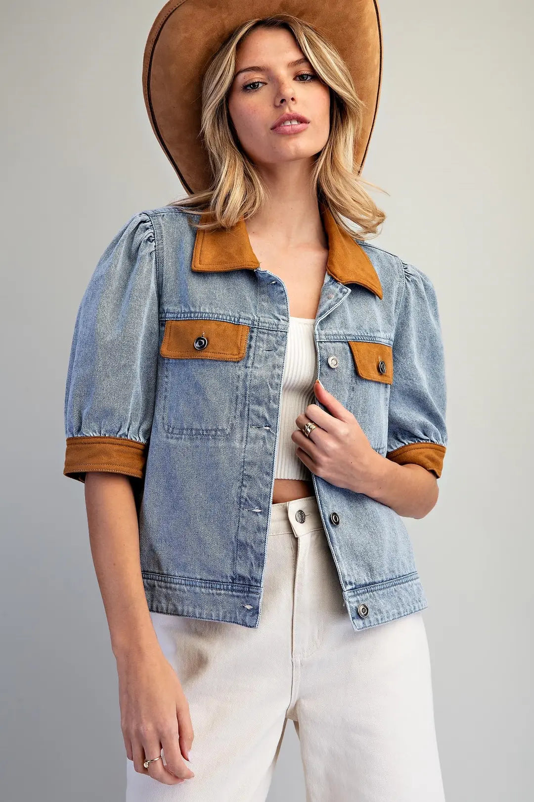 Mineral Washed Suede Contrast Puff Sleeve Jacket