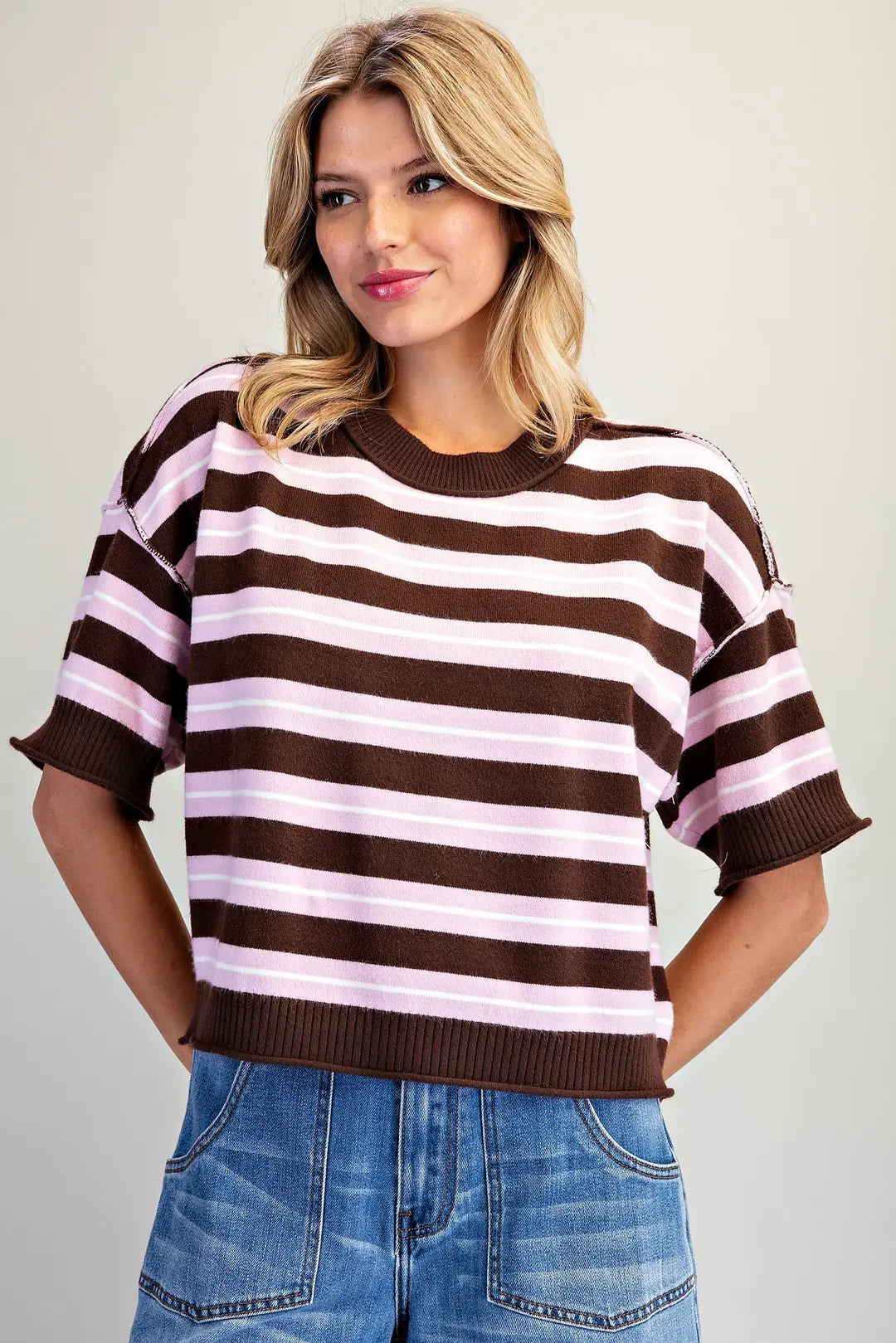 Striped Short Sleeve Knit Sweater in Pink Muesli