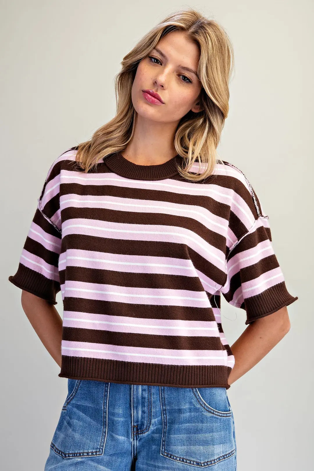 Striped Short Sleeve Knit Sweater in Pink Muesli