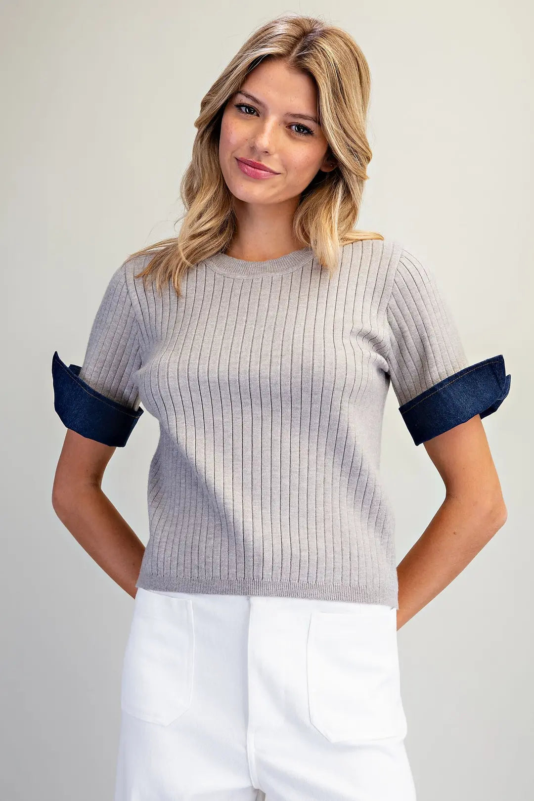 Ribbed Knit Contrast Short Sleeve Top
