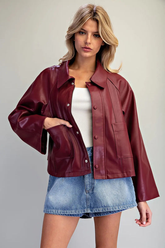 Pleather Snap Button Zip Up Jacket