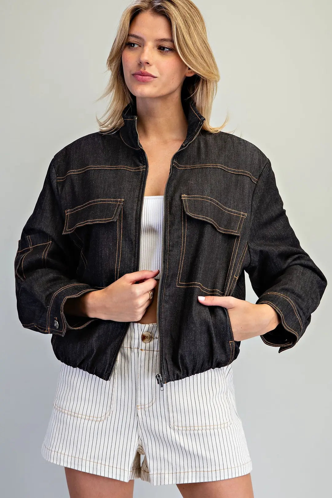 Enzyme Washed Contrast Stitch Denim Zip Front Jacket