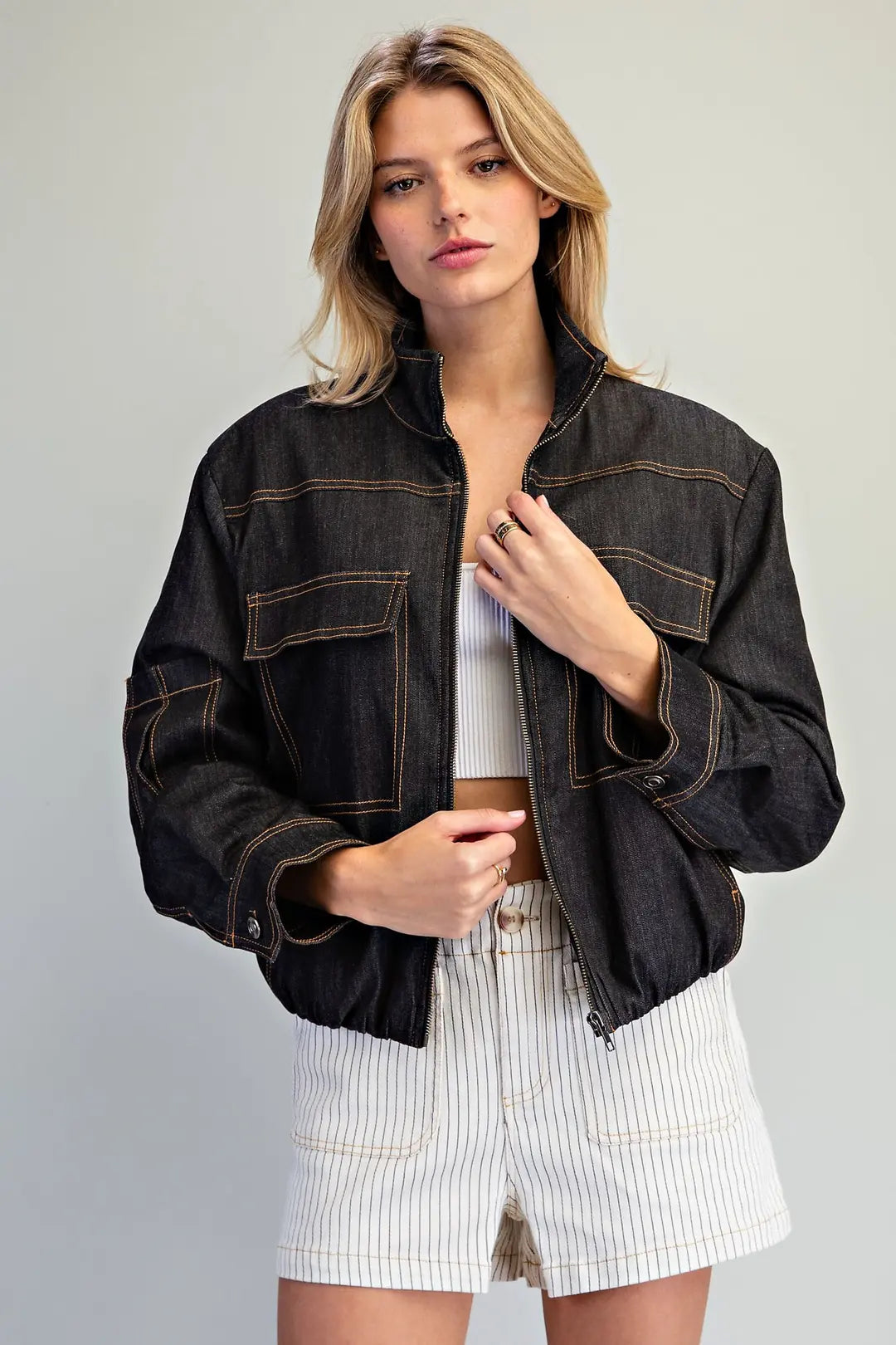 Enzyme Washed Contrast Stitch Denim Zip Front Jacket