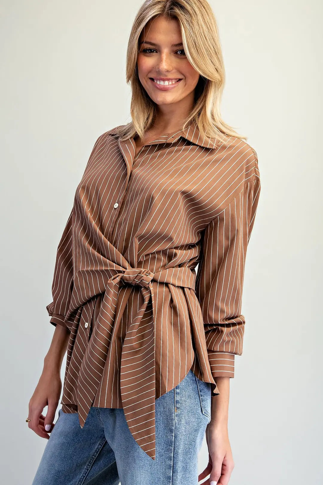Tie Waist Front Pinstriped Blouse