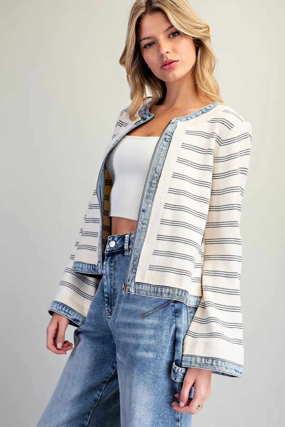 Denim Trim Striped Knit Zip Up Jacket