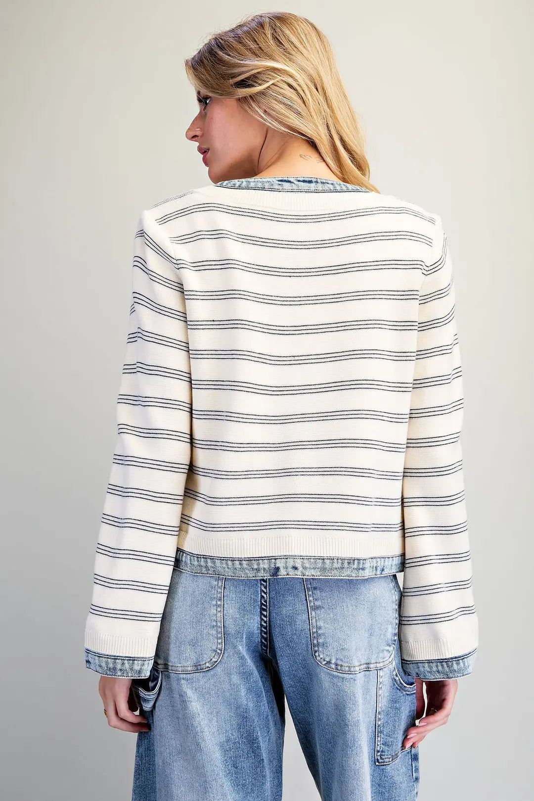 Denim Trim Striped Knit Zip Up Jacket