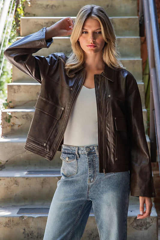 Pleather Zip Up Wide Cuff Jacket