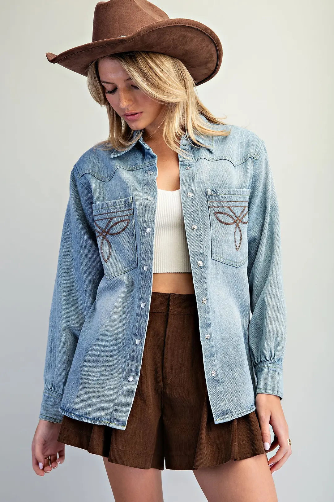Washed Western Embroidered Button Down
