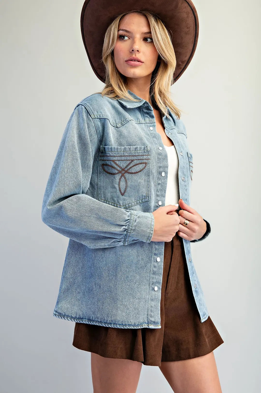 Washed Western Embroidered Button Down