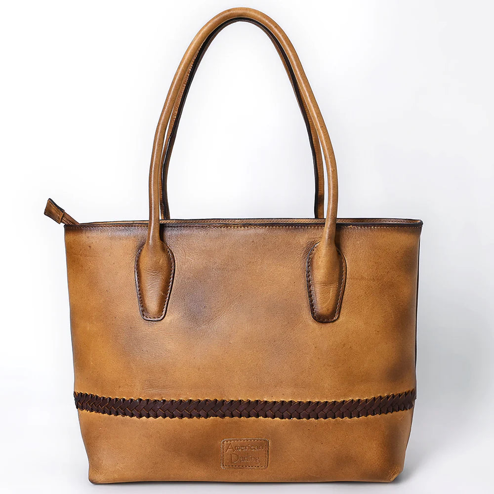Two-Tone Cowhide & Tooled Leather Tote - Western Handbag with Braided Trim