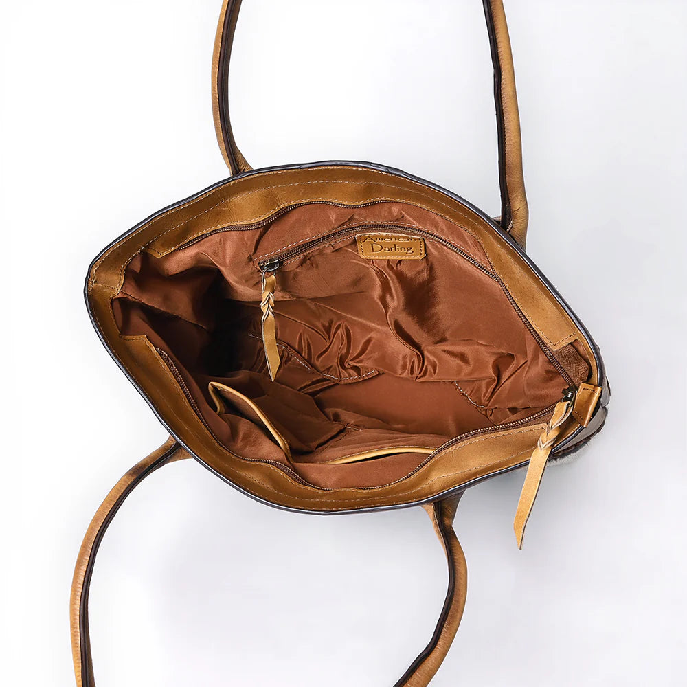 Two-Tone Cowhide & Tooled Leather Tote - Western Handbag with Braided Trim