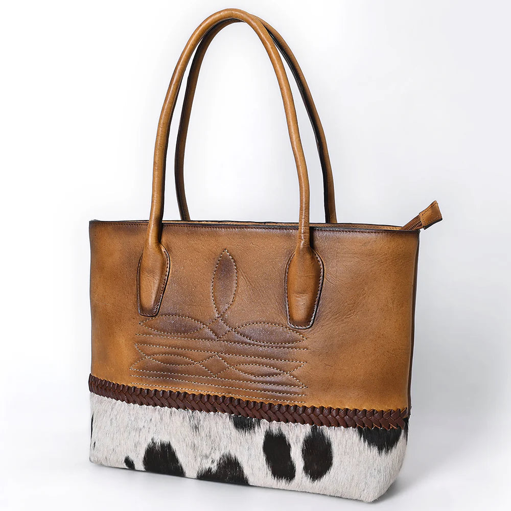 Two-Tone Cowhide & Tooled Leather Tote - Western Handbag with Braided Trim