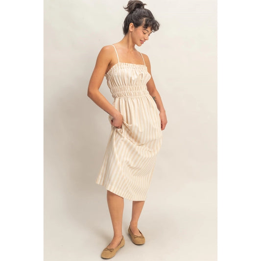 Striped Spaghetti Strap Smocking Midi Dress