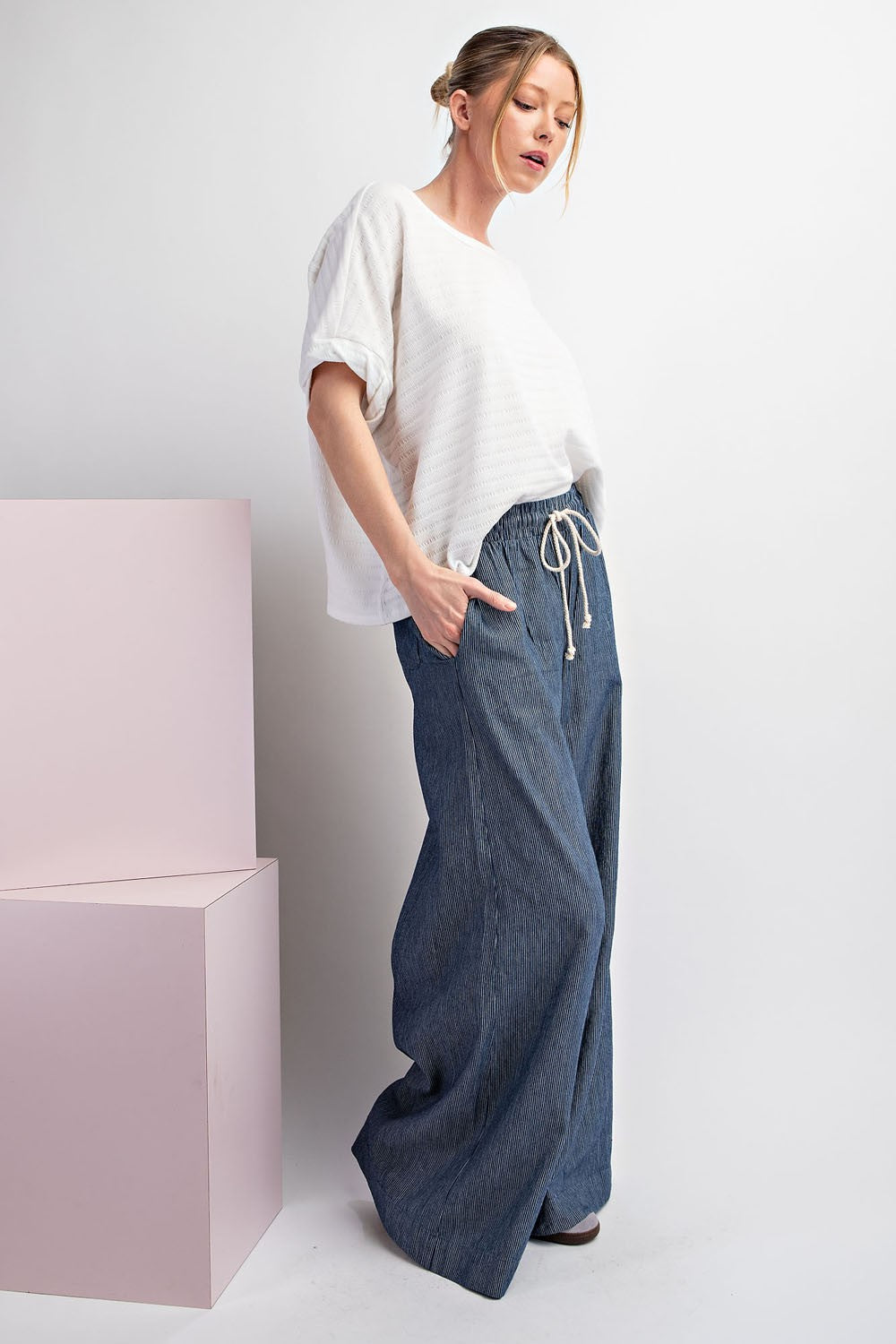 Washed Pinstriped Tie Waist Wideleg Pants