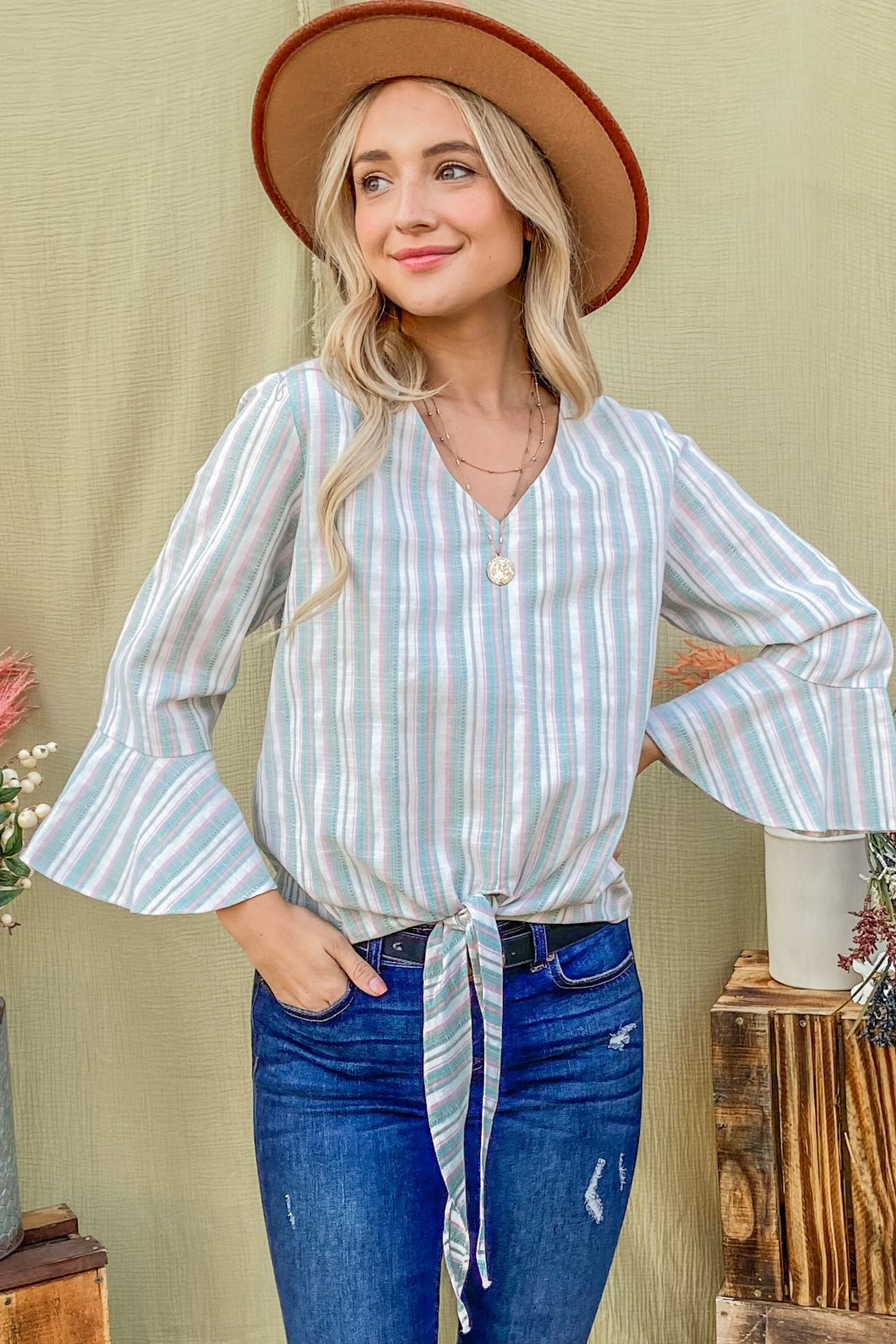 Stripe Tie Knot Front Bell Sleeve Top