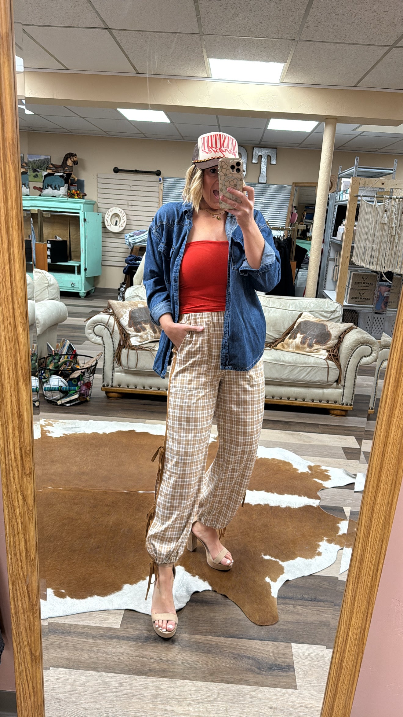 Plaid Elastic Waist Bow Tie Contrast Detail Jogger Pants