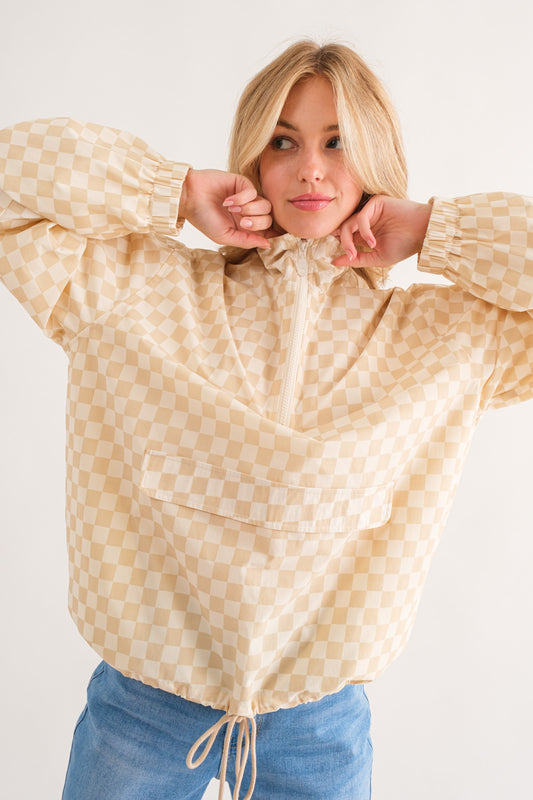 Checkerboard Printed Half Zip-Up Windbreaker