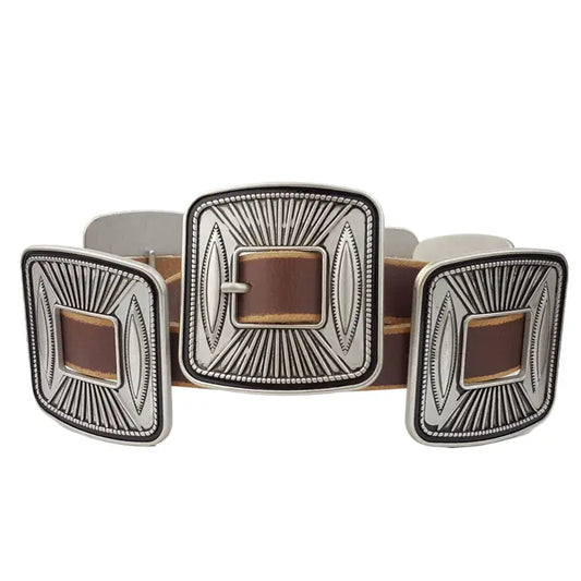 Western Vintage Leather Belt with Matching Square Buckle/Concho