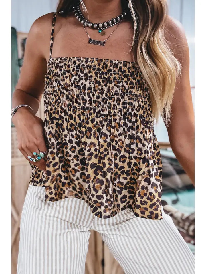 Leopard Spaghetti Straps Shirred Ruffle Tank Top