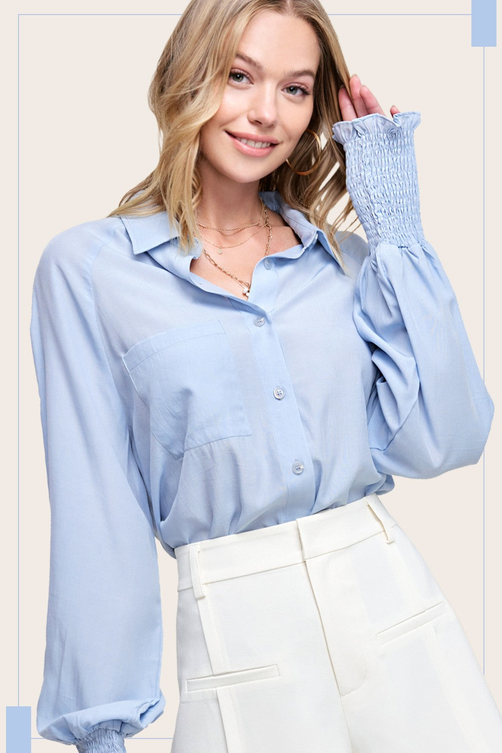 Smocking Detailed Balloon Sleeve Button Down Shirt