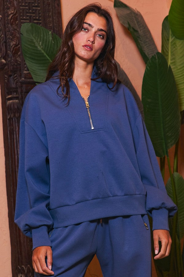 Half Zip-up Scuba Sweatshirts Blue