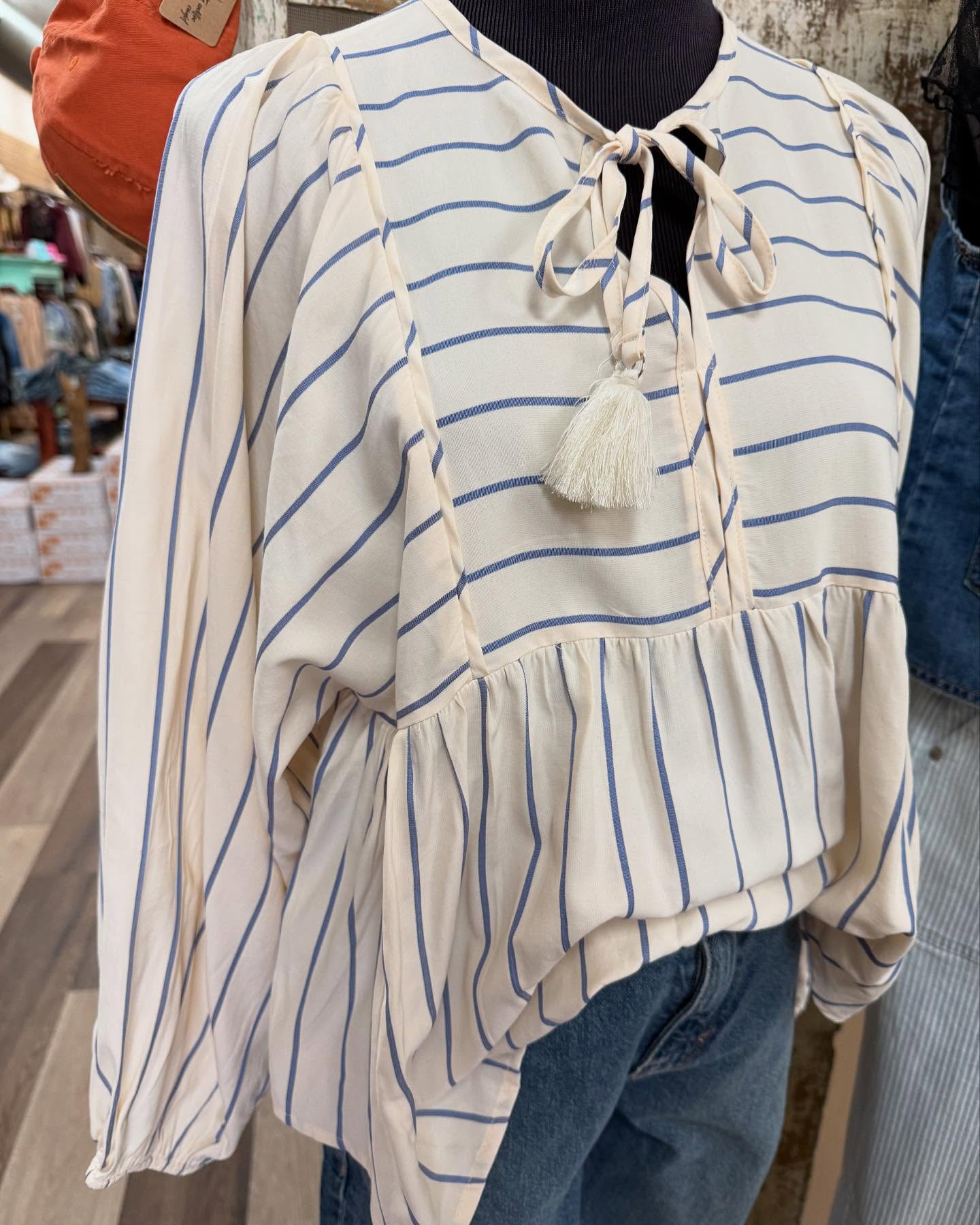 Tie Front Striped Long Sleeve Blouse