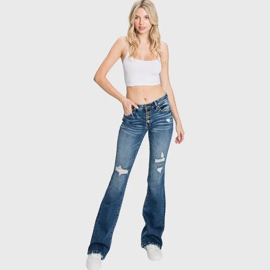 DK Button Up Distressed Low Rise Stretch Flare