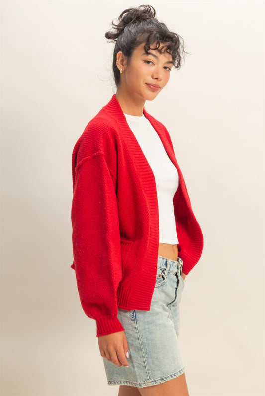 Red Oversized Textured Knit Cardigan Sweater