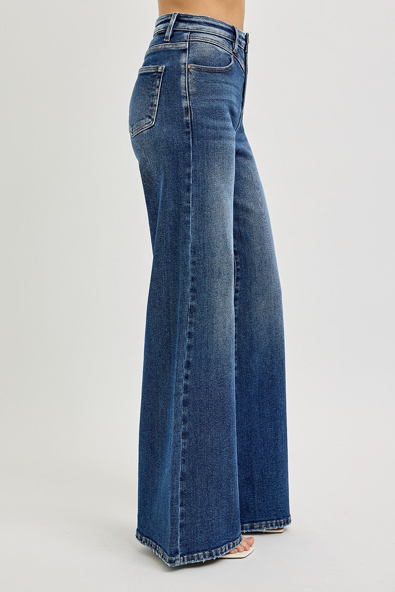 Risen Retro Stitched Wide Leg Jeans