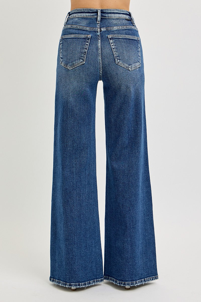 Risen Retro Stitched Wide Leg Jeans