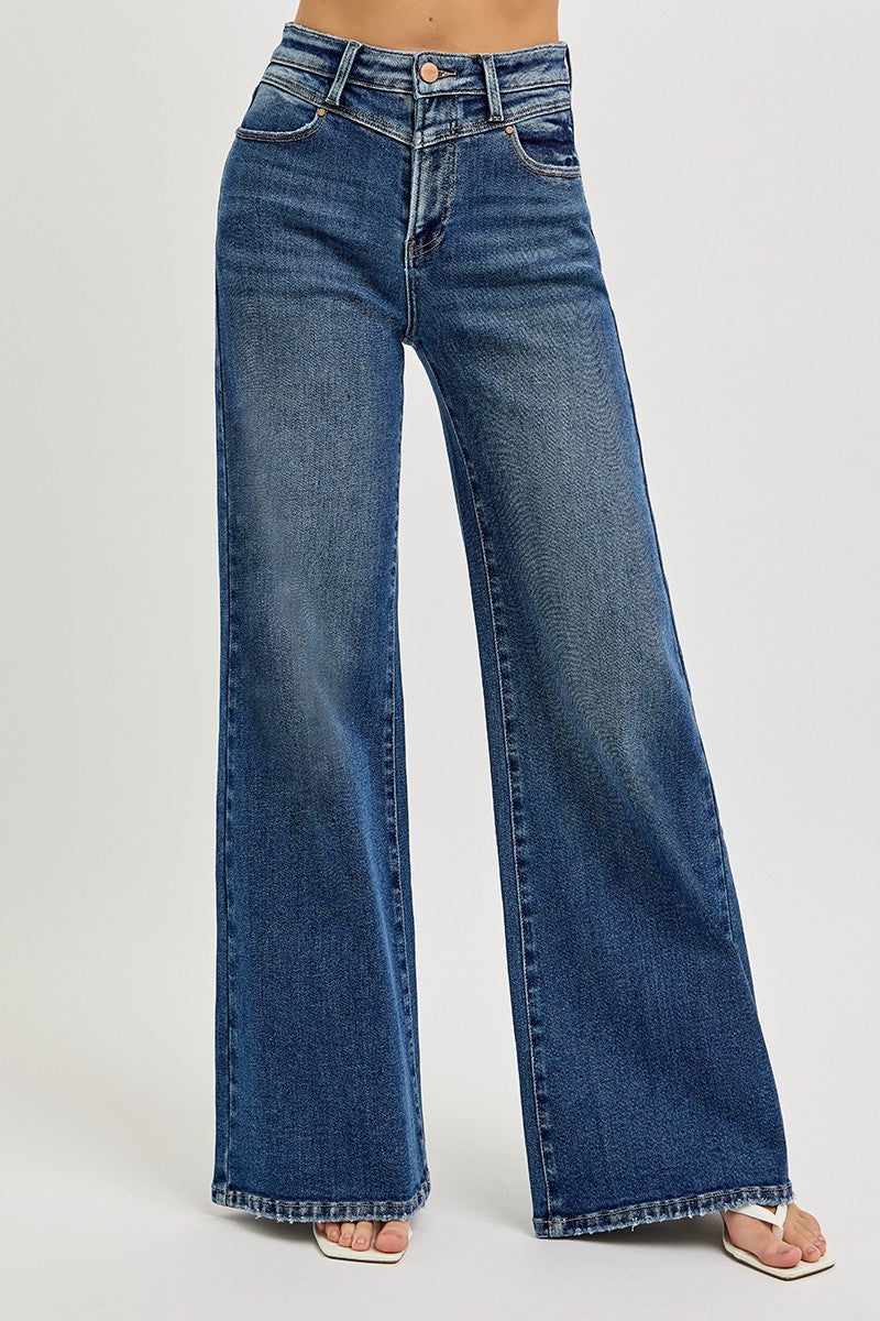 Risen Retro Stitched Wide Leg Jeans