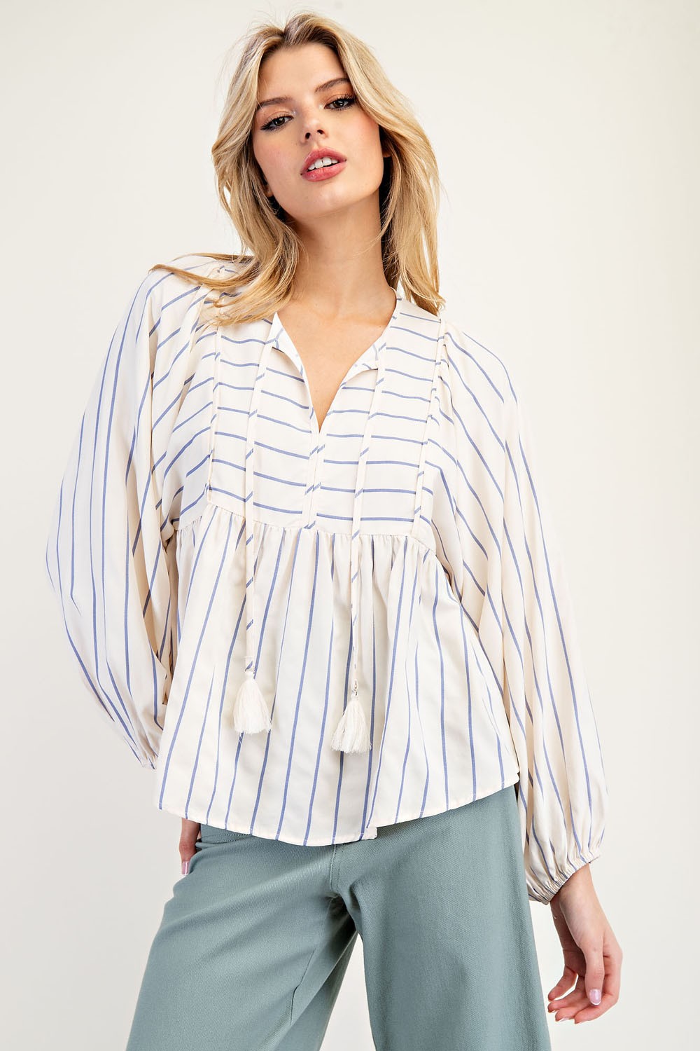 Tie Front Striped Long Sleeve Blouse