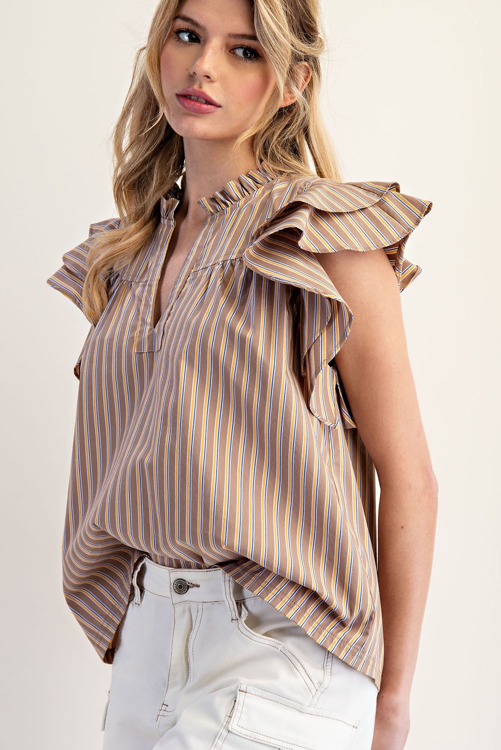 Brown and Gold Striped Flutter Top