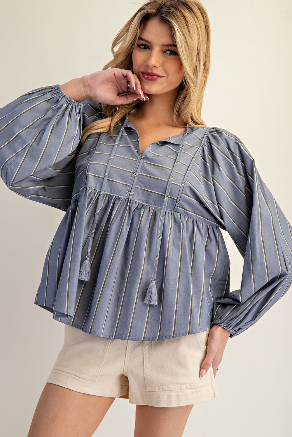Striped Tassel Drawstring Top