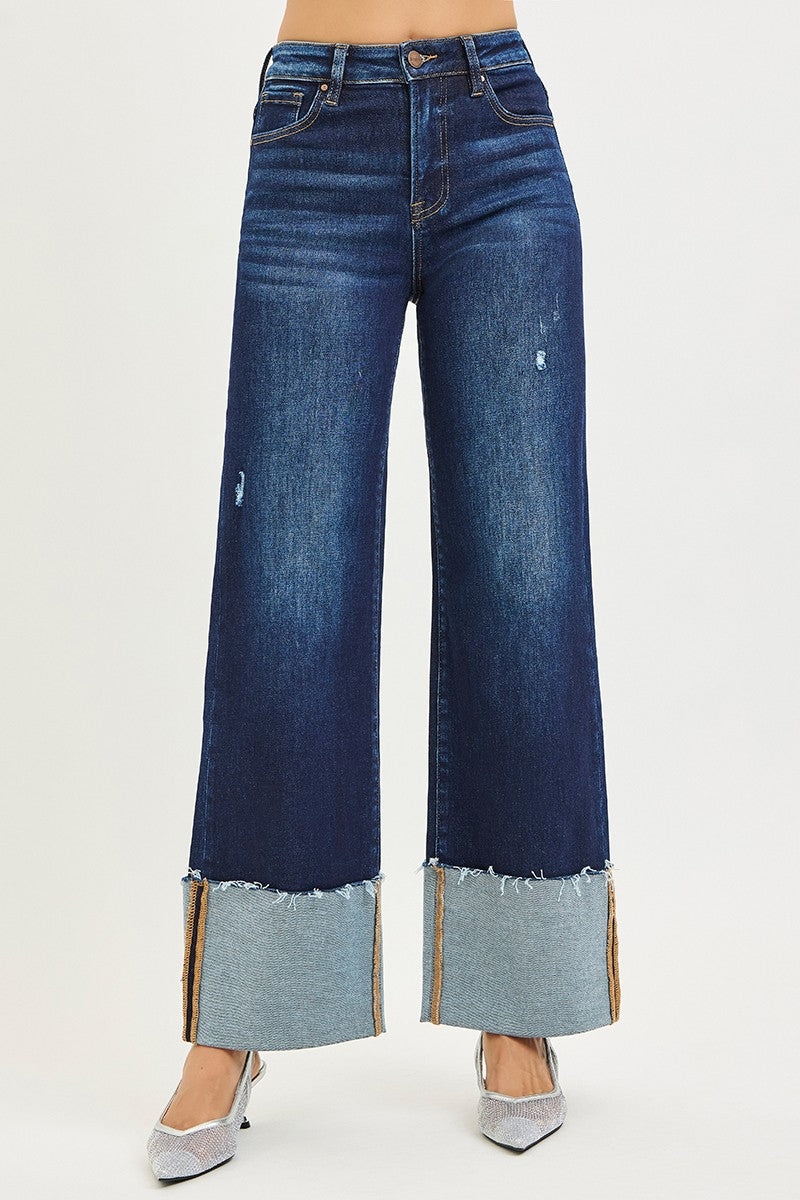Risen High Rise Ankle Wide Cuffed Jeans