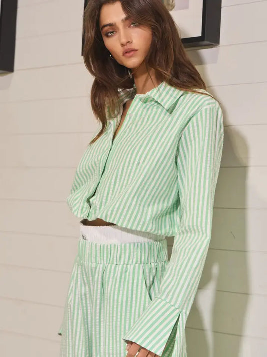Striped Seersucker Crop Shirt Top