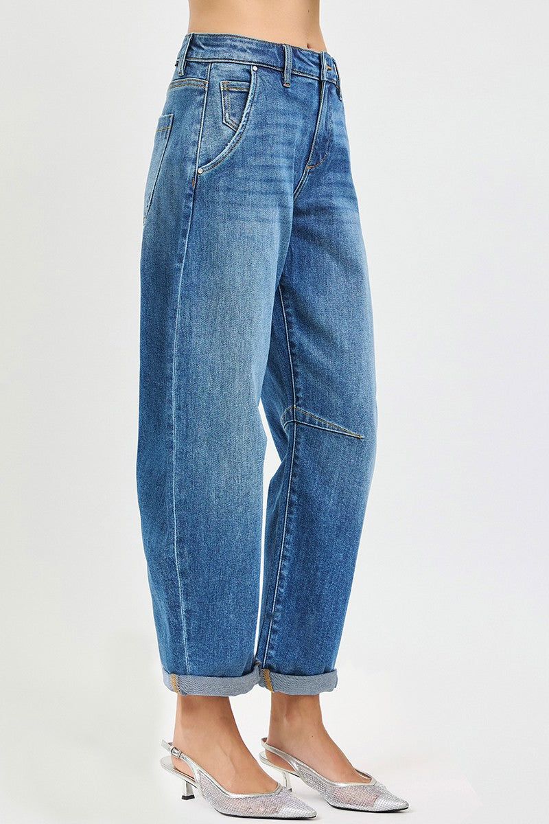 Risen Slouchy Cropped Barrel Jeans With Cuffed Hem