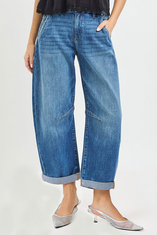 Risen Slouchy Cropped Barrel Jeans With Cuffed Hem