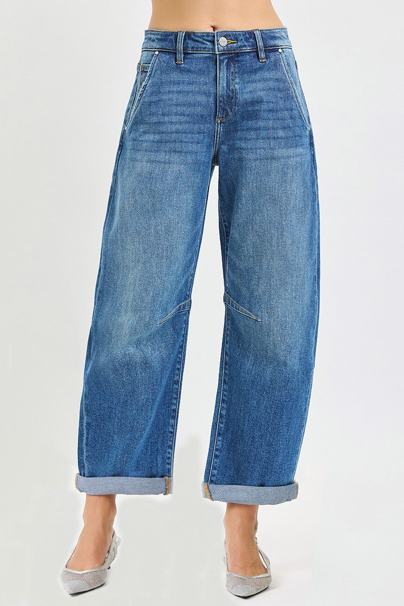 Risen Slouchy Cropped Barrel Jeans With Cuffed Hem