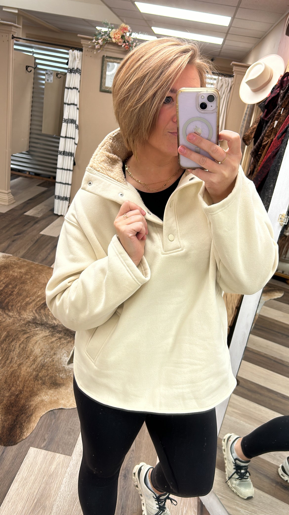 Cream Snap Fleece Turtleneck Pullover