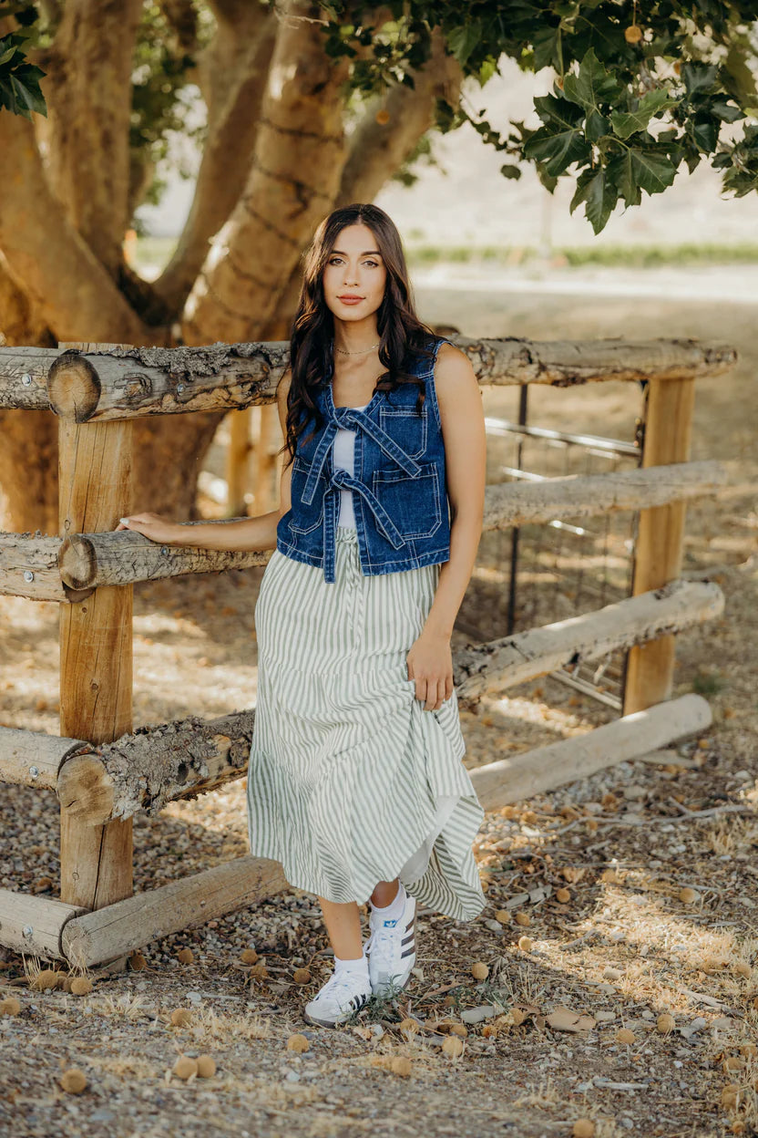 Green and white stripe maxi skirt.