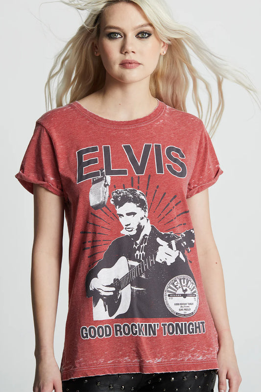 Person wearing a red 'Elvis' t-shirt with a graphic design on a white background