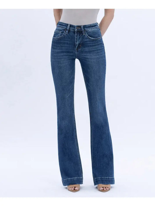Denim jeans with a trouser hem detail.
