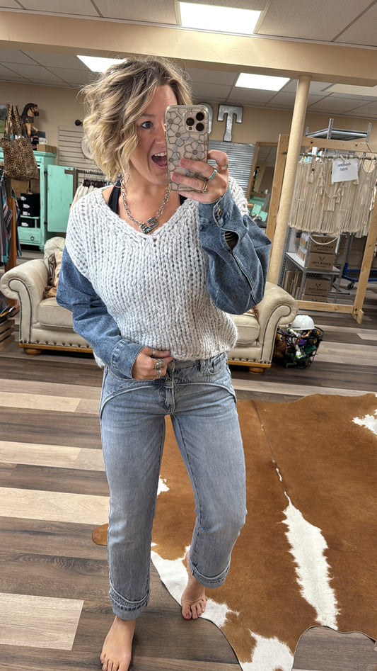 Light Grey Denim Sleeve Top