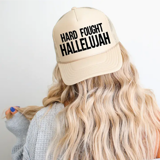 Hard Fought Hallelujah Dtf Printed Tan Trucker Hat