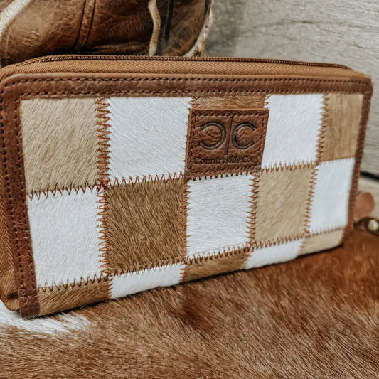 Checkered Cowhide Womens Wallet Wristlet Trendy