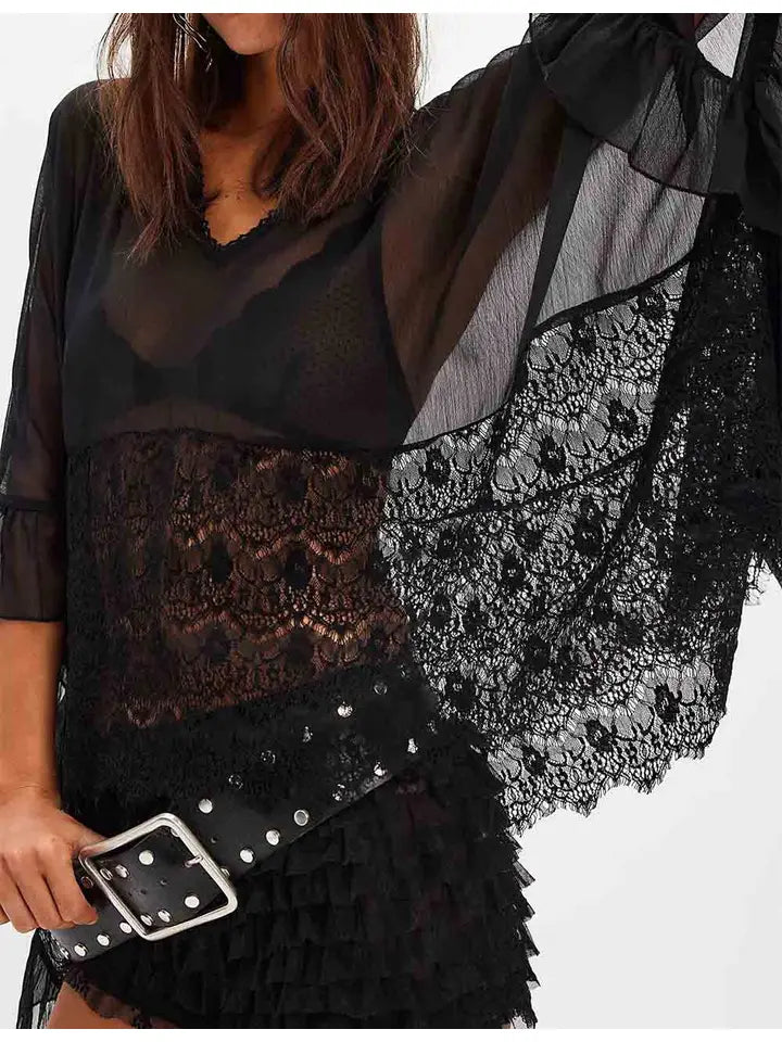 Lace Ruffle Batwing Sleeves See Through Blouse