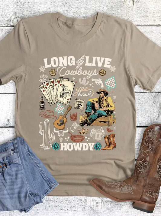 Western Long Live Cowboys Turquoise Collage Graphic Tee