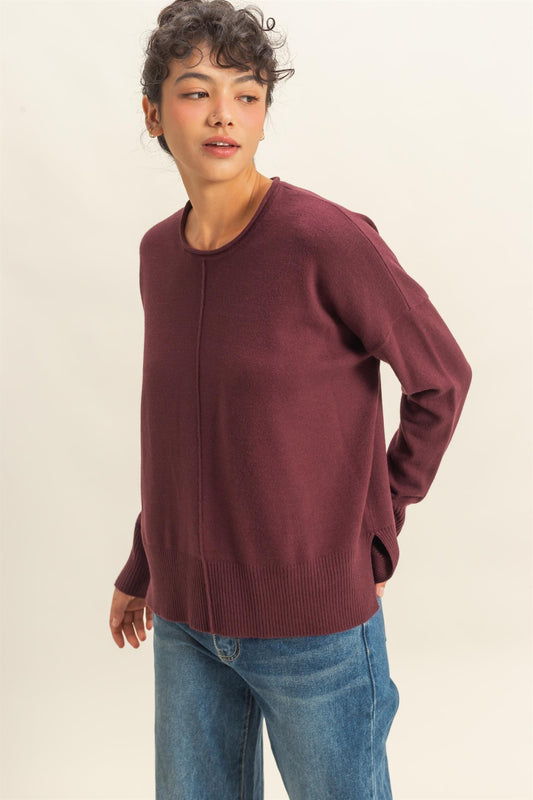 Maroon Roll Neck Drop Shoulder Sweater