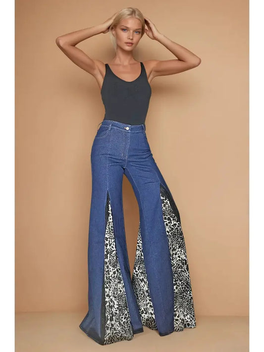 Leopard and Lace Wide Leg Boho Denim Jeans